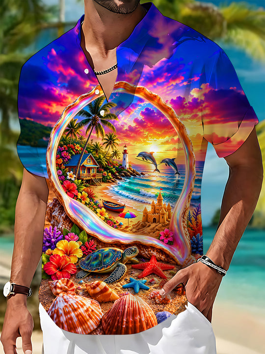Hawaiian Conch Frame Seaside Scenery Men's Pocket Short Sleeve Stand Collar Shirts