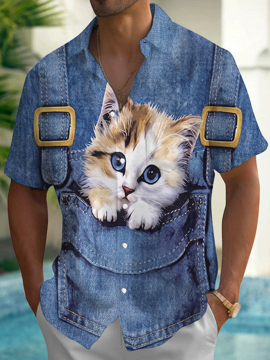 Fun Suspender Imitation Denim Pocket Cute Cat Men's Pocket Short Sleeve Shirts
