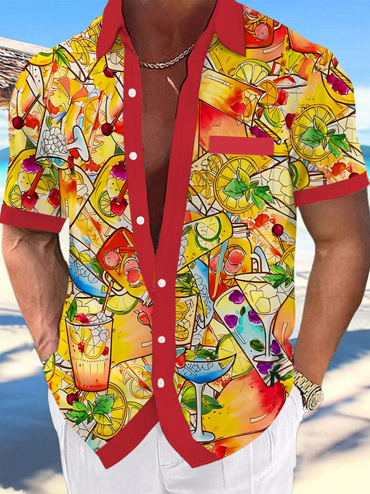 Hawaiian Summer Cocktail Drinks Men's Pocket Short Sleeve Shirts