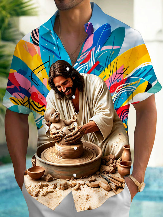 Art Religious Potter Sculpting Baby Jesus Men's Pocket Short Sleeve Shirts