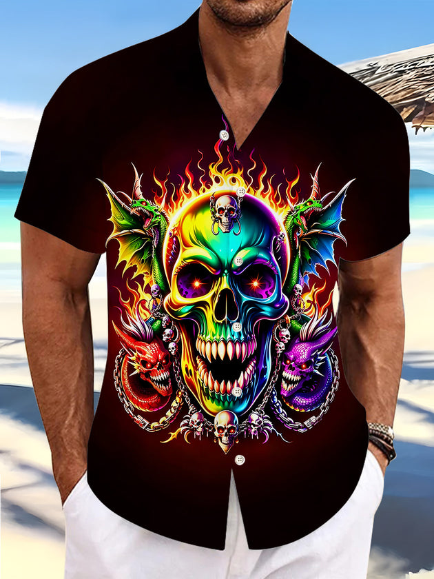 Dark Flame Demon Dragon Skull Men's Pocket Short Sleeve Shirts