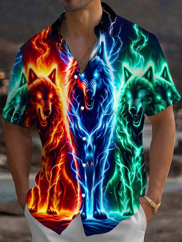 Dark Colorful Lightning Wolf Pack Men's Pocket Short Sleeve Shirts