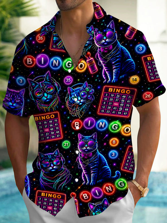 Fun Neon Colorful Bingo Trendy Cats Men's Pocket Short Sleeve Shirts