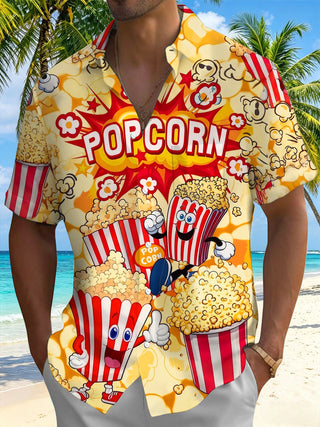 Adaychic Men's Popcorn Cartoon Graphic Print Short Sleeve Button Down Shirt with Chest Pocket
