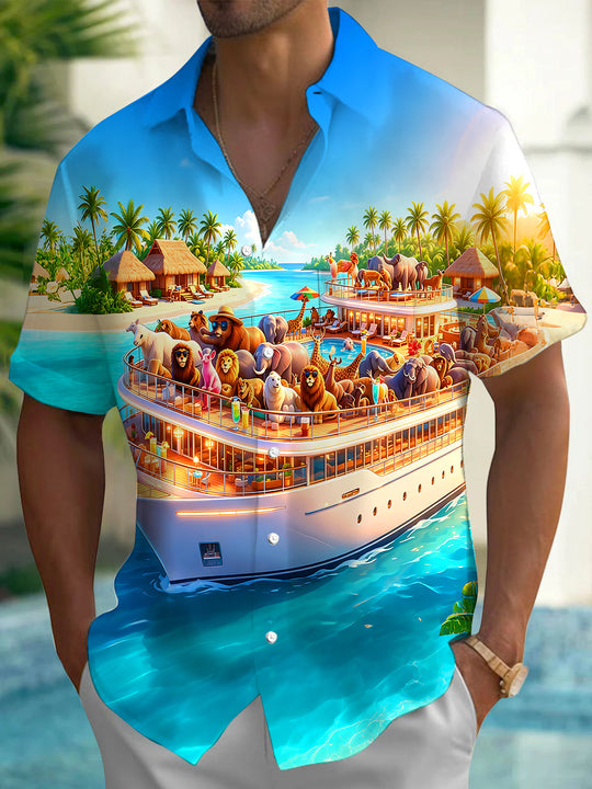 Fun Hawaiian Animals Cruise Island Vacation Men's Pocket Short Sleeve Shirts