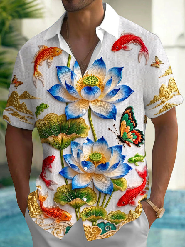 Art Embossed Koi Lotus Pond Landscape Men's Pocket Short Sleeve Shirts