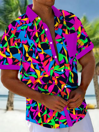 Adaychic Men's Graphic Abstract Colorful Pattern Print Short Sleeve Button Down Shirt with Chest Pocket