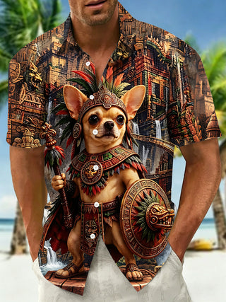 Adaychic Men's Graphic 3D Aztec Warrior Chihuahua Print Short Sleeve Button Down Shirt with Chest Pocket