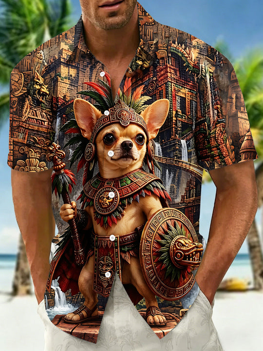 Fun Ethnic Totem Aztec Warrior Chihuahua Puppy Dog Men's Pocket Short Sleeve Shirts