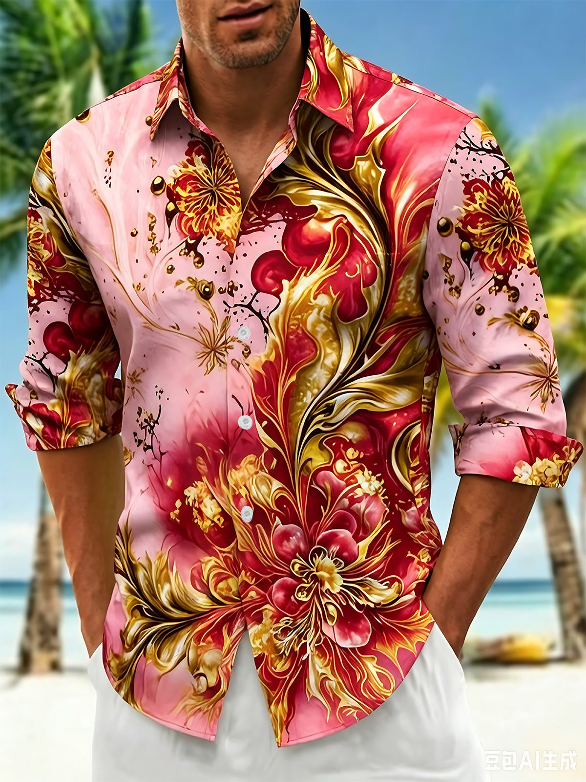 Art Pink Golden Fluid Floral Men's Pocket Long Sleeve Shirts