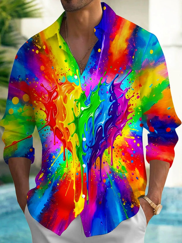 Colorful Tie-Dye Heart Splash Ink Art Men's Pocket Long Sleeve Shirts
