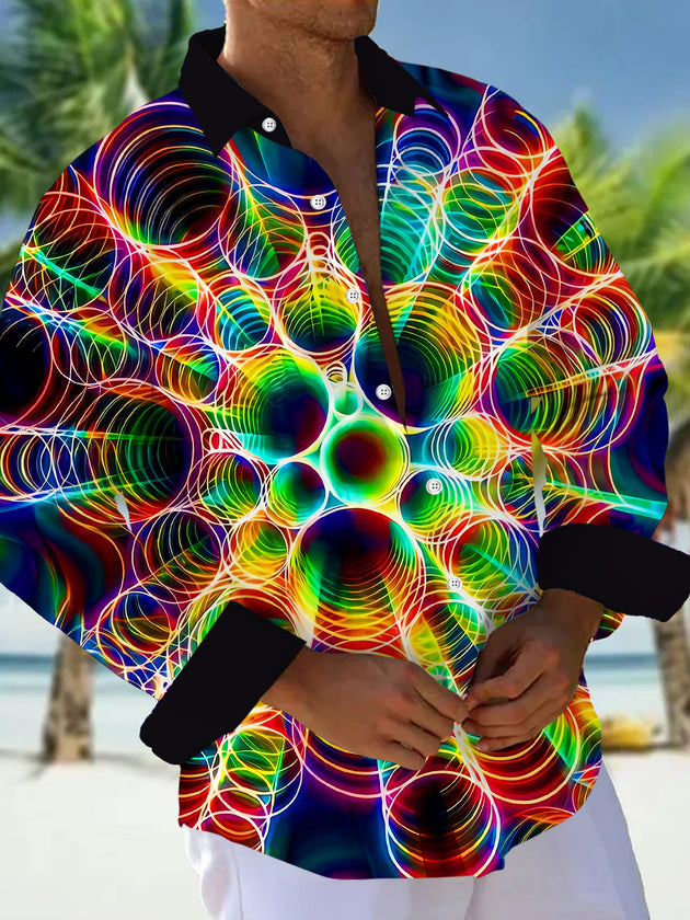 Neon Glowing Colorful Abstract Aperture Geometry Men's Pocket Long Sleeve Shirts