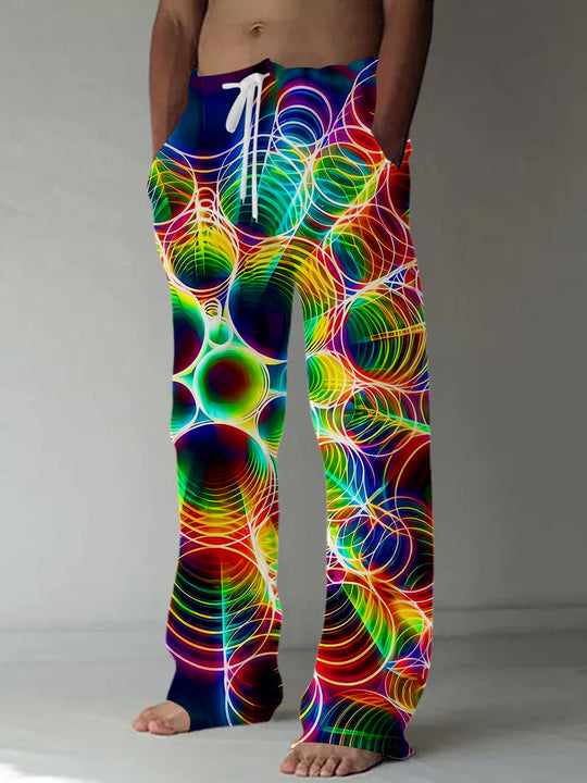 Neon Glowing Colorful Abstract Aperture Geometry Men's Casual Elastic Waist Pants