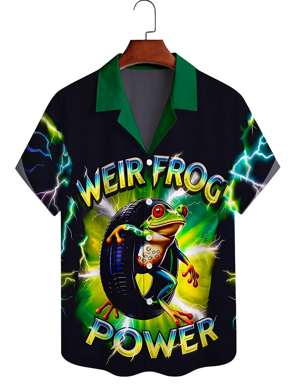 Fun Lightning Frog Men's Pocket Cuban Collar Short Sleeve Shirt
