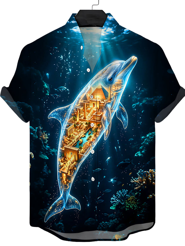 Art Dolphin Embedded Ancient City Deep Sea Men's Pocket Short Sleeve Stand Collar Shirts