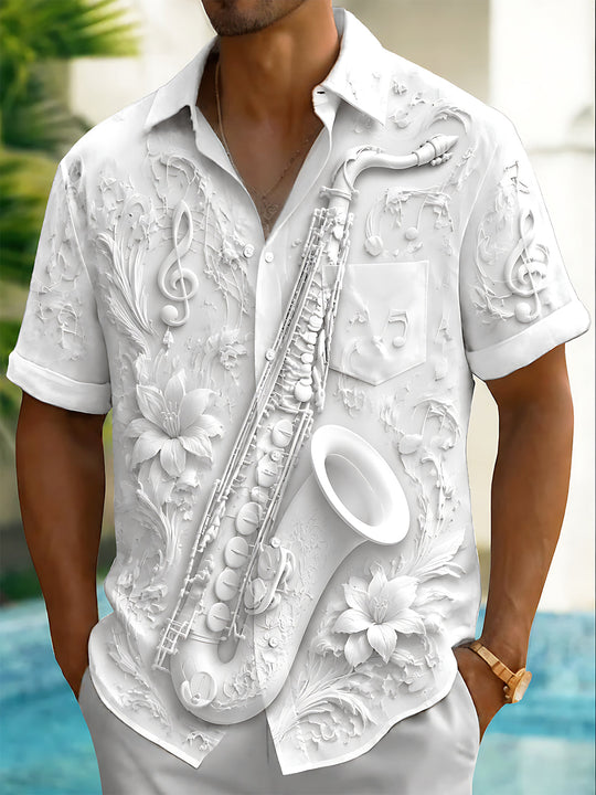 Art Relief Saxophone Music Note Floral Men's Pocket Short Sleeve Shirts