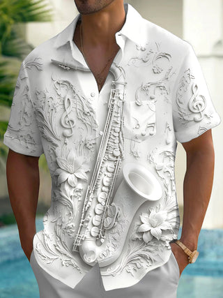 Adaychic Men's Graphic Floral 3D Saxophone Musical Print Short Sleeve Button Down Shirt with Chest Pocket