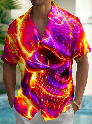 Adaychic Men's Graphic 3D Purple Flaming Skull Print Short Sleeve Button Down Shirt with Chest Pocket