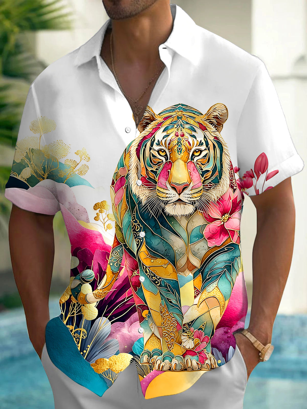 Art Gilded Tiger Floral Men's Pocket Short Sleeve Shirts
