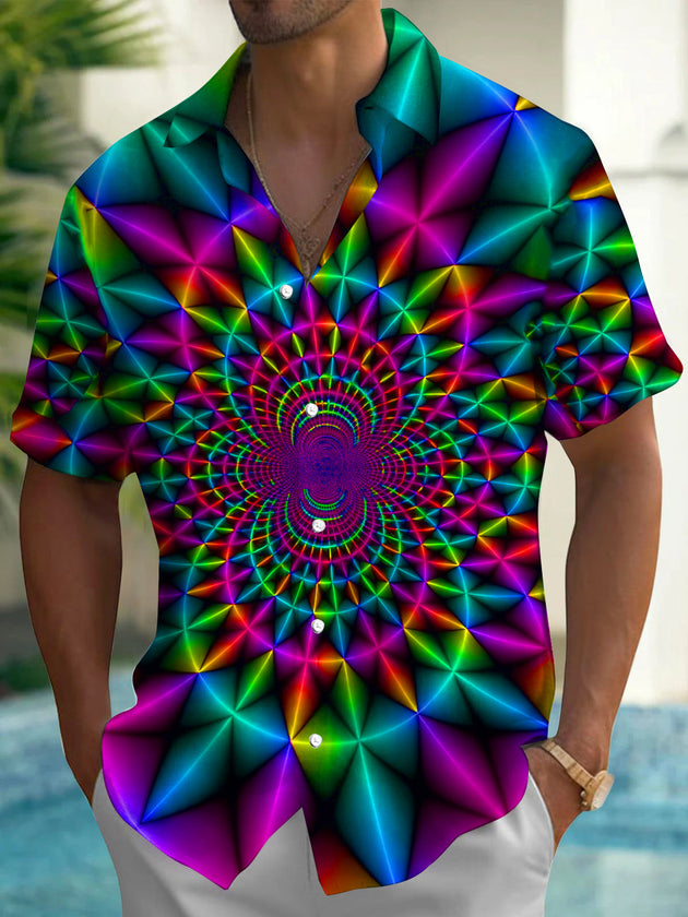 Neon Colorful Abstract Fractal Spiral Geometry Men's Pocket Short Sleeve Shirts