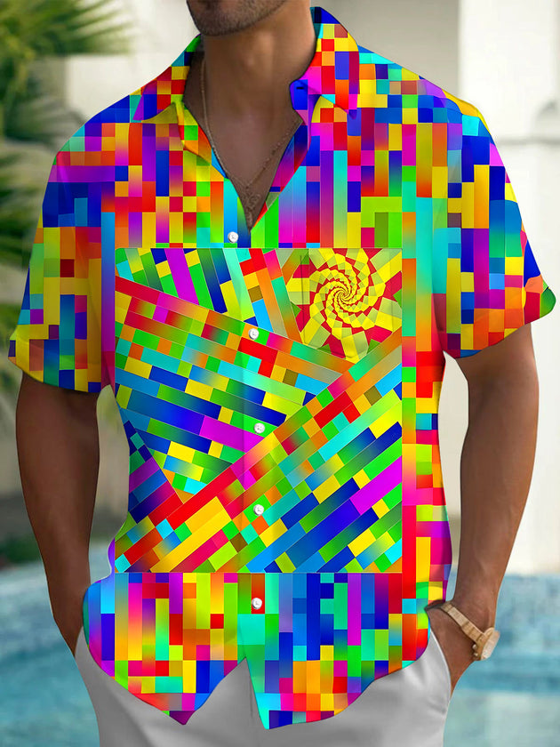 Vibrant Colorful Pixel Spiral Geometry Art Men's Pocket Short Sleeve Shirts