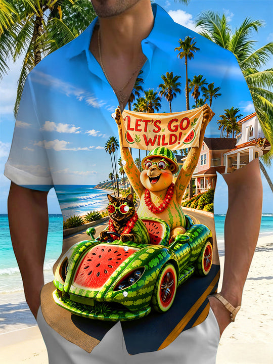 Fun Watermelon Racing Car Cat And Camel Road Trip Vacation Men's Pocket Short Sleeve Shirts