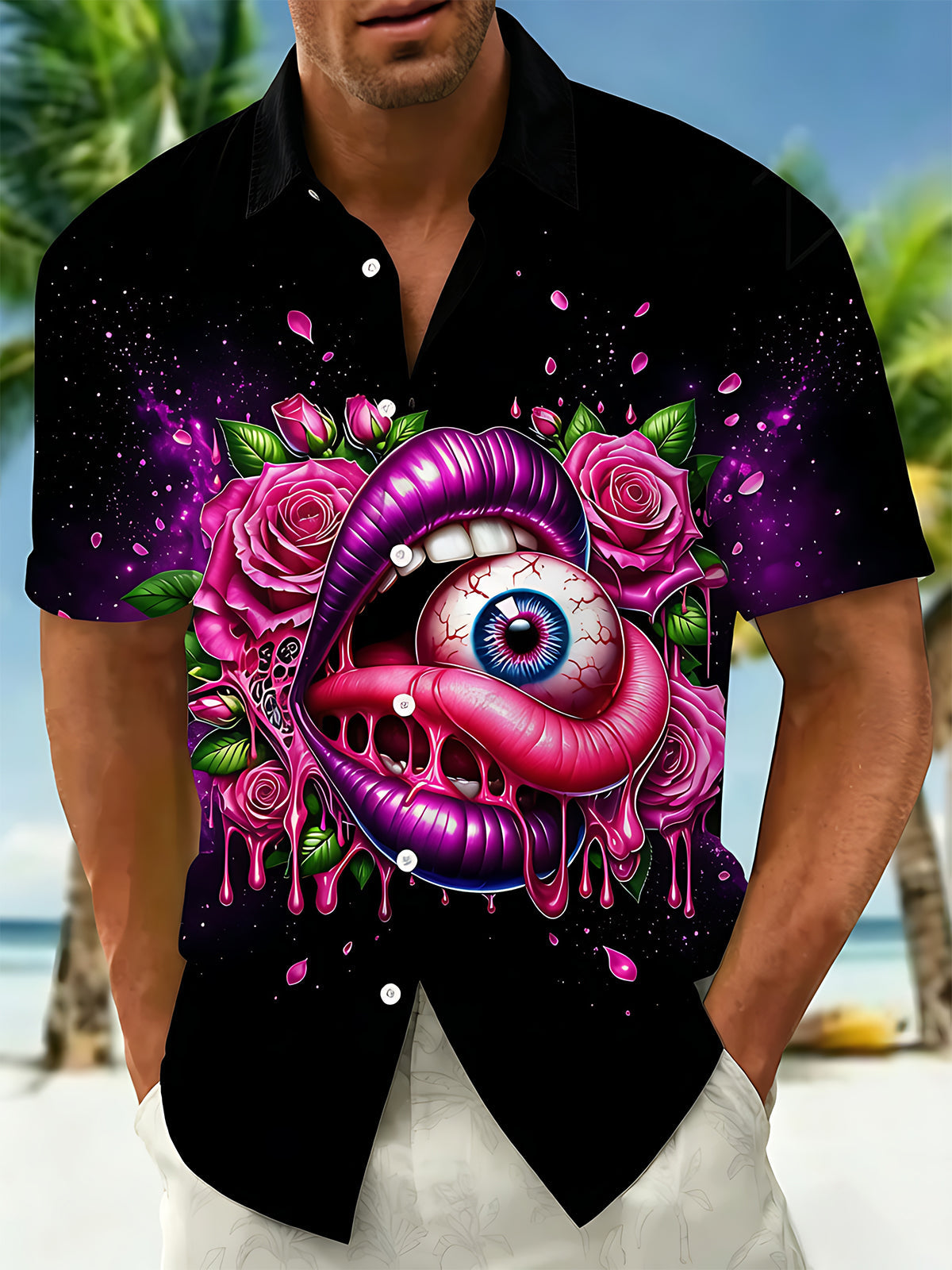 Dark Rose Lips Eyeball Men's Pocket Short Sleeve Shirts