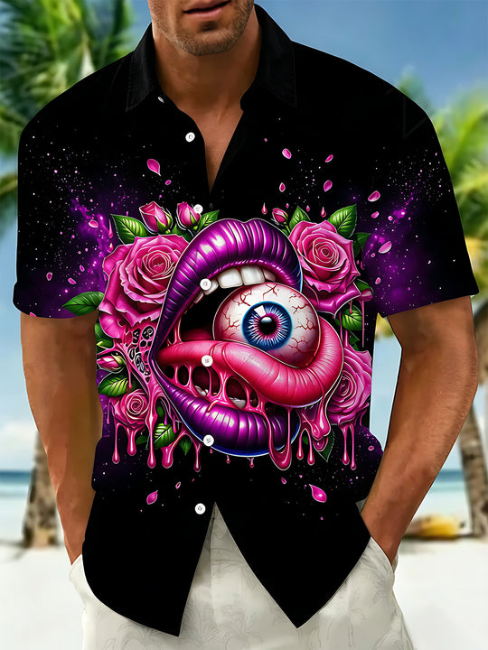 Dark Rose Lips Eyeball Men's Pocket Short Sleeve Shirts