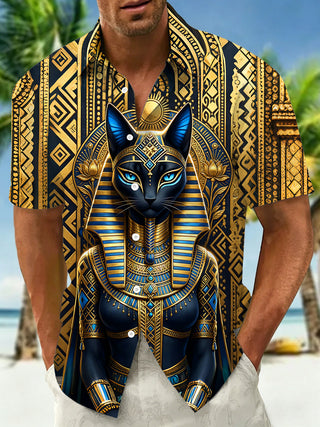 Adaychic Men's Graphic Floral Egyptian Cat Pharaoh Print Short Sleeve Button Down Shirt with Chest Pocket