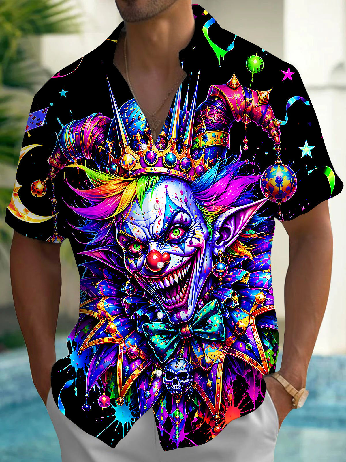 Neon Vibrant Colorful Crown Evil Joker Men's Pocket Short Sleeve Shirts