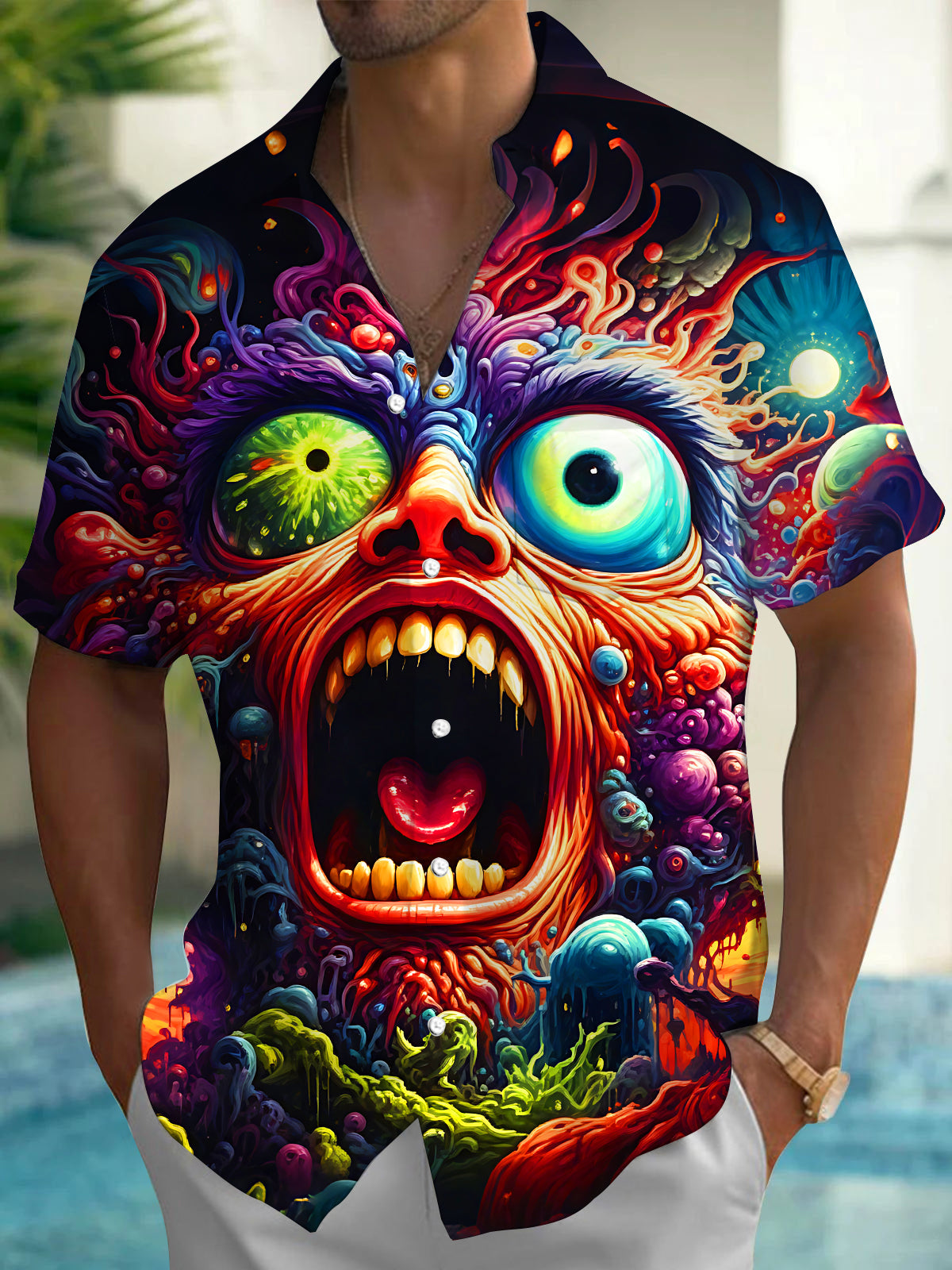Fun Psychedelic Abstract Distorted Monster Face Men's Pocket Short Sleeve Shirts