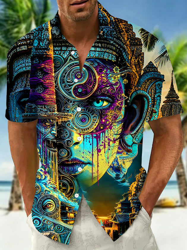 Cyber Abstract Fantasy Face Men's Pocket Short Sleeve Shirts