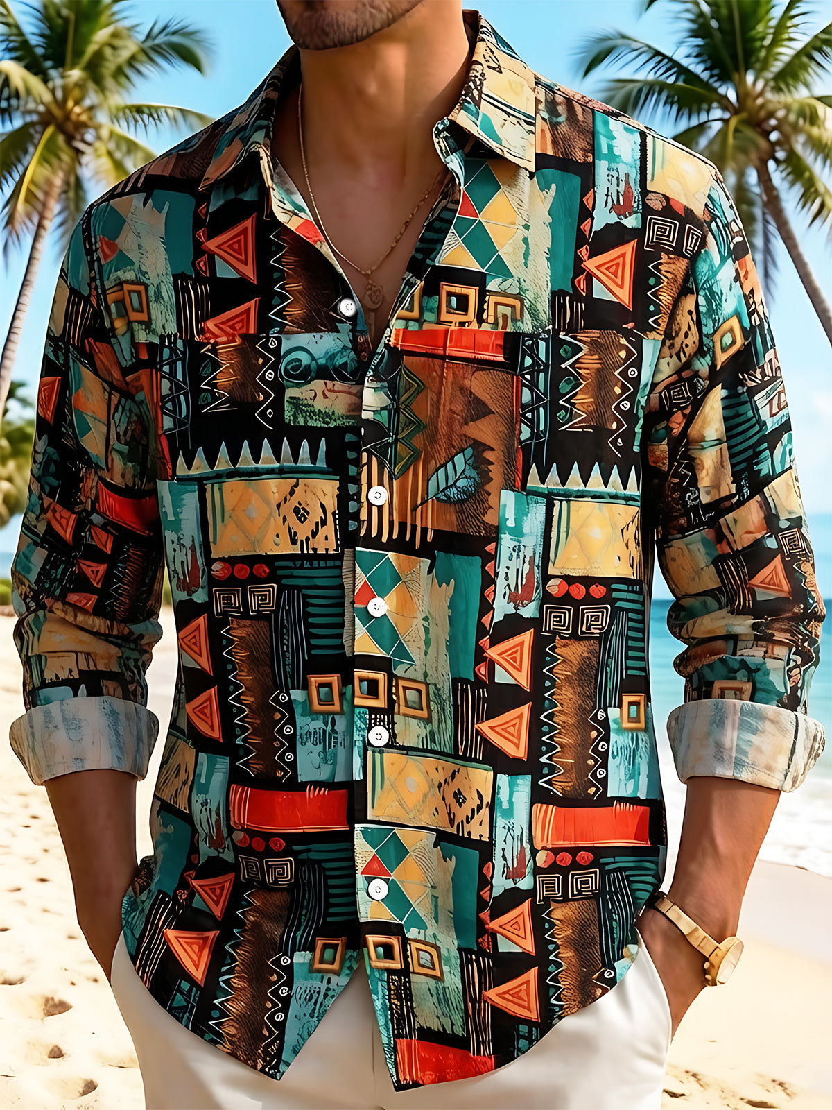 Hawaiian Ethnic Totem Geometry Men's Pocket Long Sleeve Shirts
