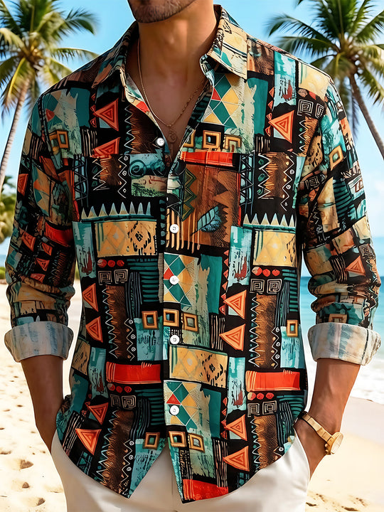 Hawaiian Ethnic Totem Geometry Men's Pocket Long Sleeve Shirts