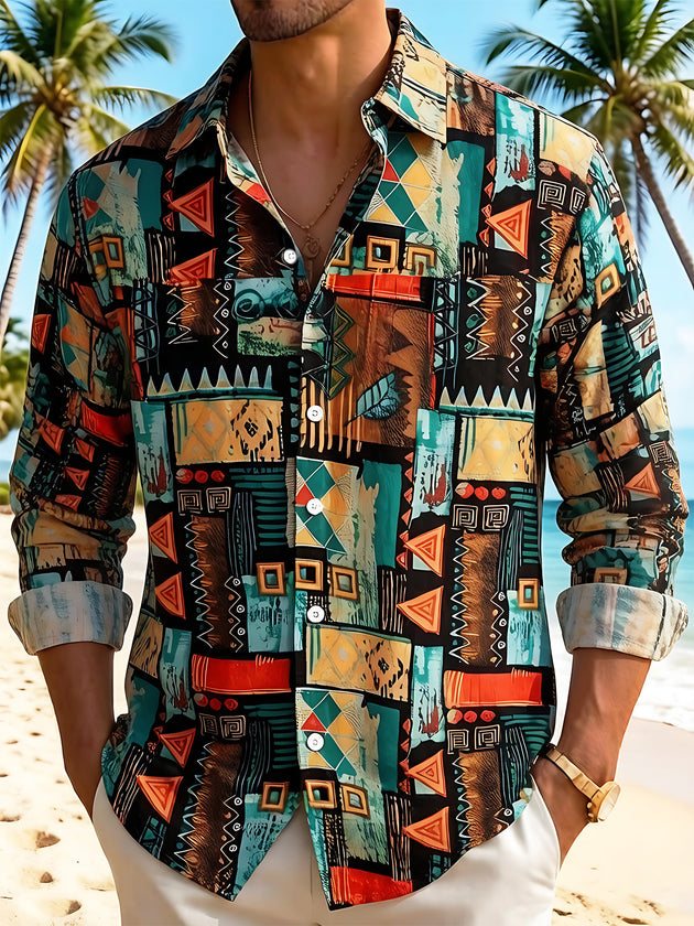 Hawaiian Ethnic Totem Geometry Men's Pocket Long Sleeve Shirts