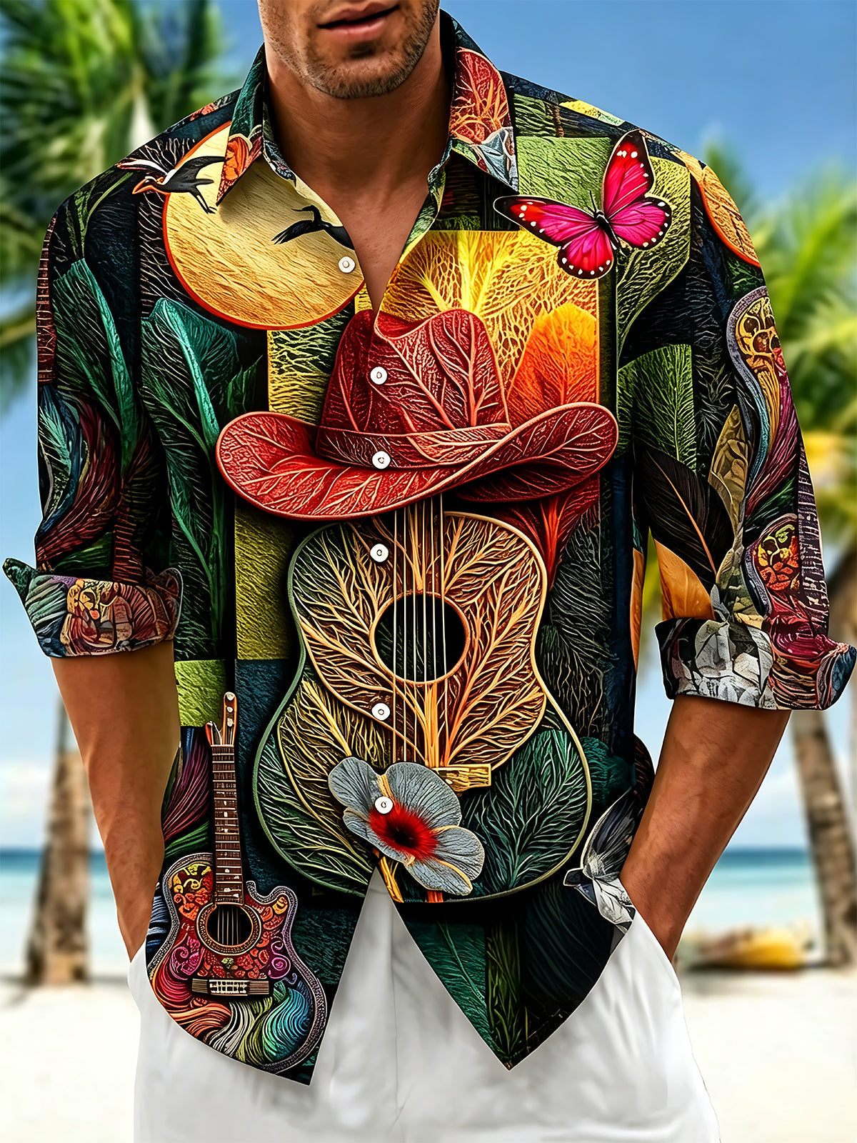Vintage Art Guitar Butterfly Men's Pocket Long Sleeve Shirts