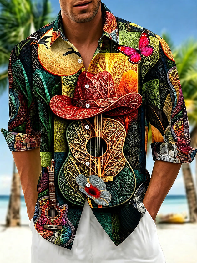 Vintage Art Guitar Butterfly Men's Pocket Long Sleeve Shirts