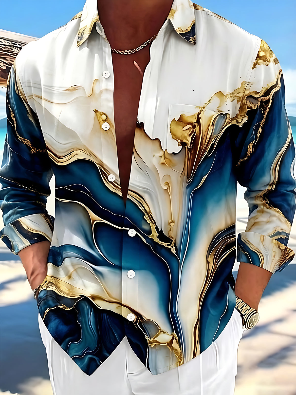 Art Gilded Abstract Liquid Marble Texture Men's Pocket Long Sleeve Shirts