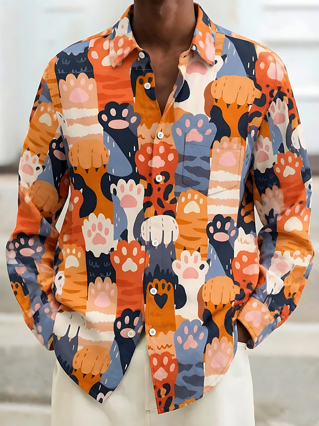 Fun Colorful Cat Paw Print Men's Pocket Long Sleeve Shirts