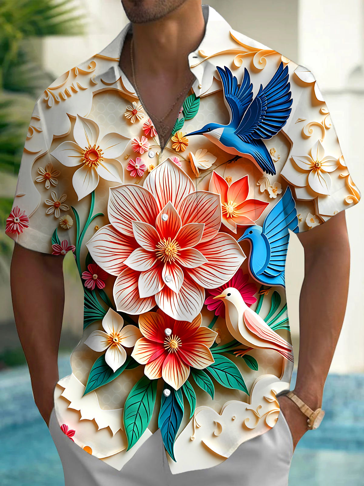 Art Relief Flower And Bird Men's Pocket Short Sleeve Shirts