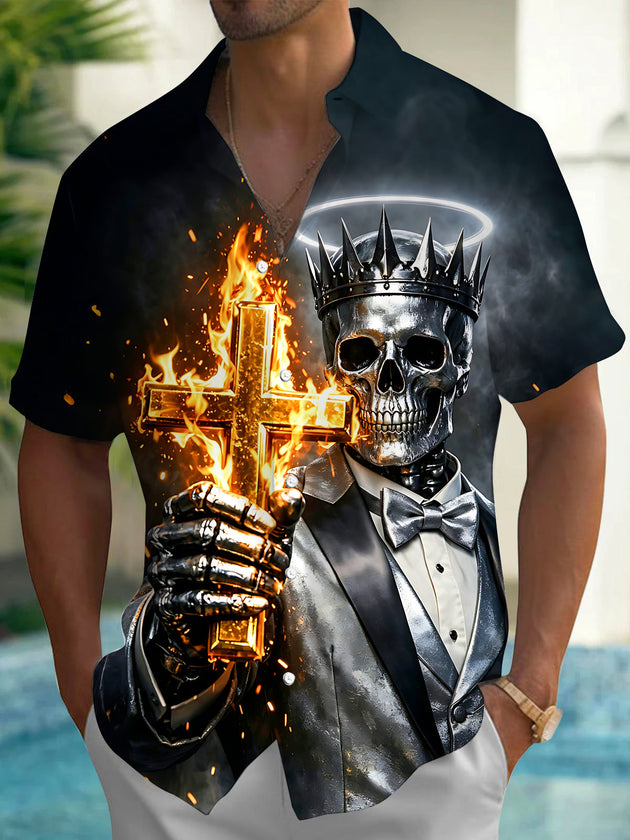 Dark Flame Cross Skeleton King Men's Pocket Short Sleeve Shirts