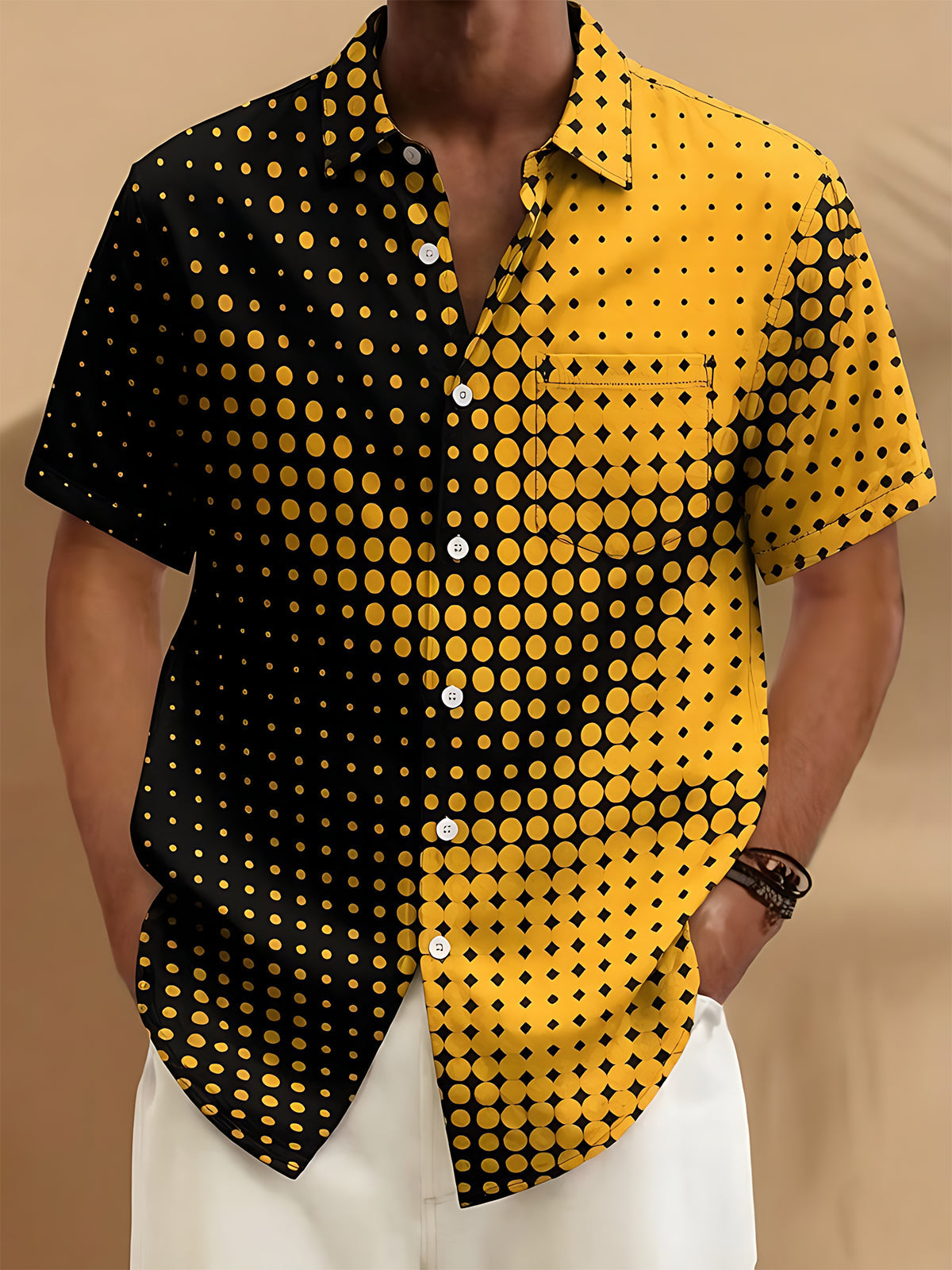 Minimalist Black Gold Polka Dot Color Block Geometry Men's Pocket Short Sleeve Shirts
