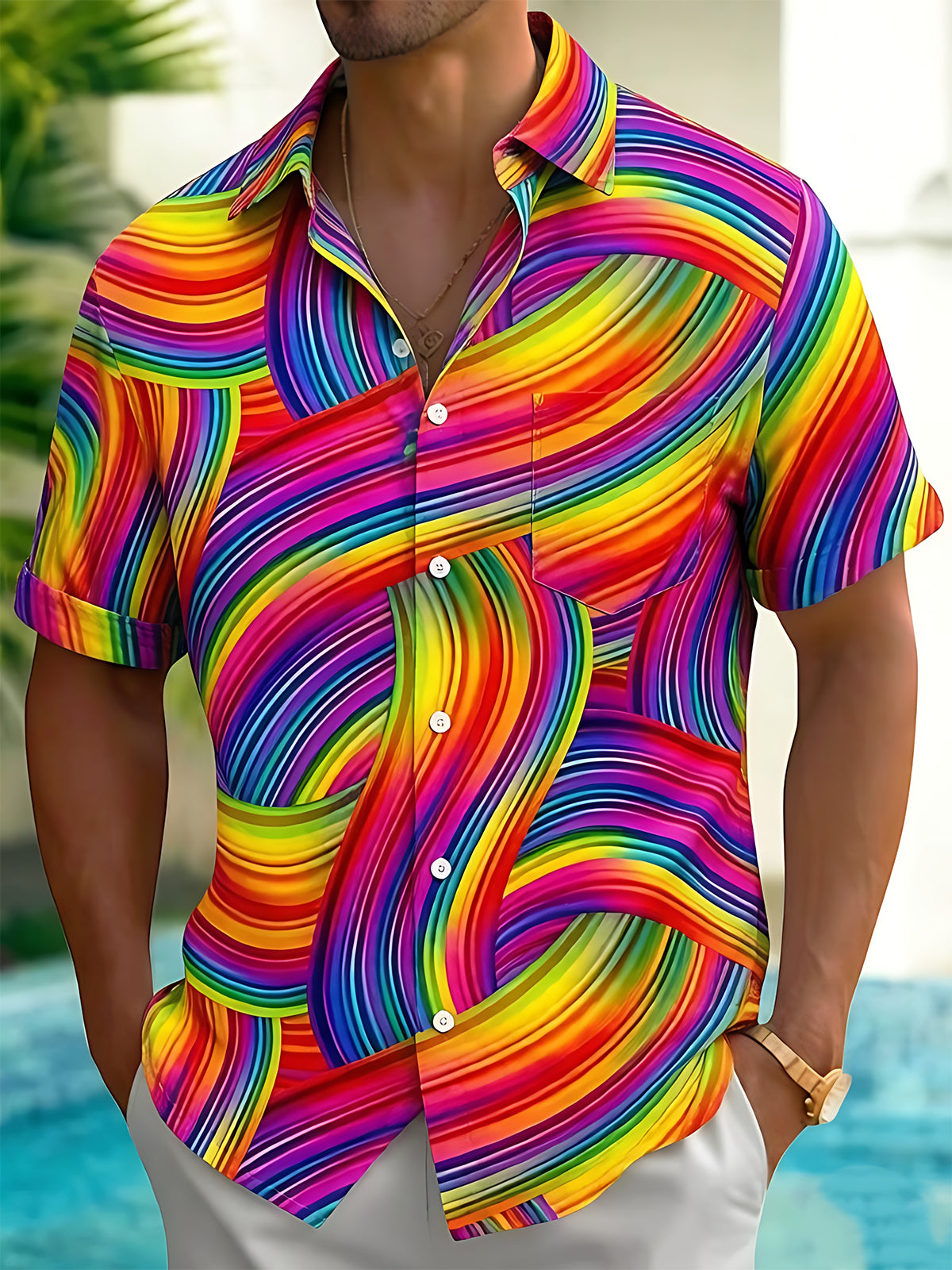 Colorful Twisted Line Geometry Men's Pocket Short Sleeve Shirts