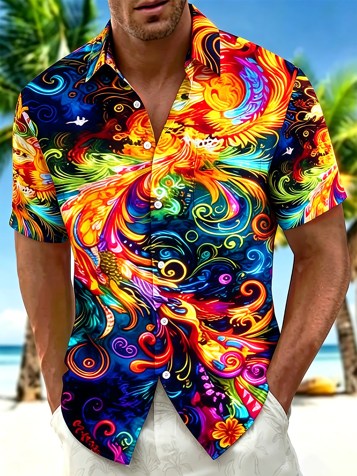 Vibrant Colorful Phoenix Swirl Art Men's Pocket Short Sleeve Shirts