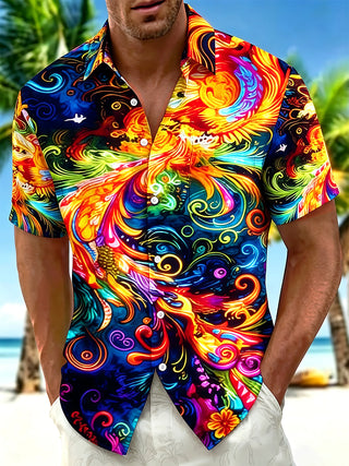 Adaychic Men's Graphic Floral Colorful Phoenix Bird Swirl Print Short Sleeve Button Down Shirt with Chest Pocket