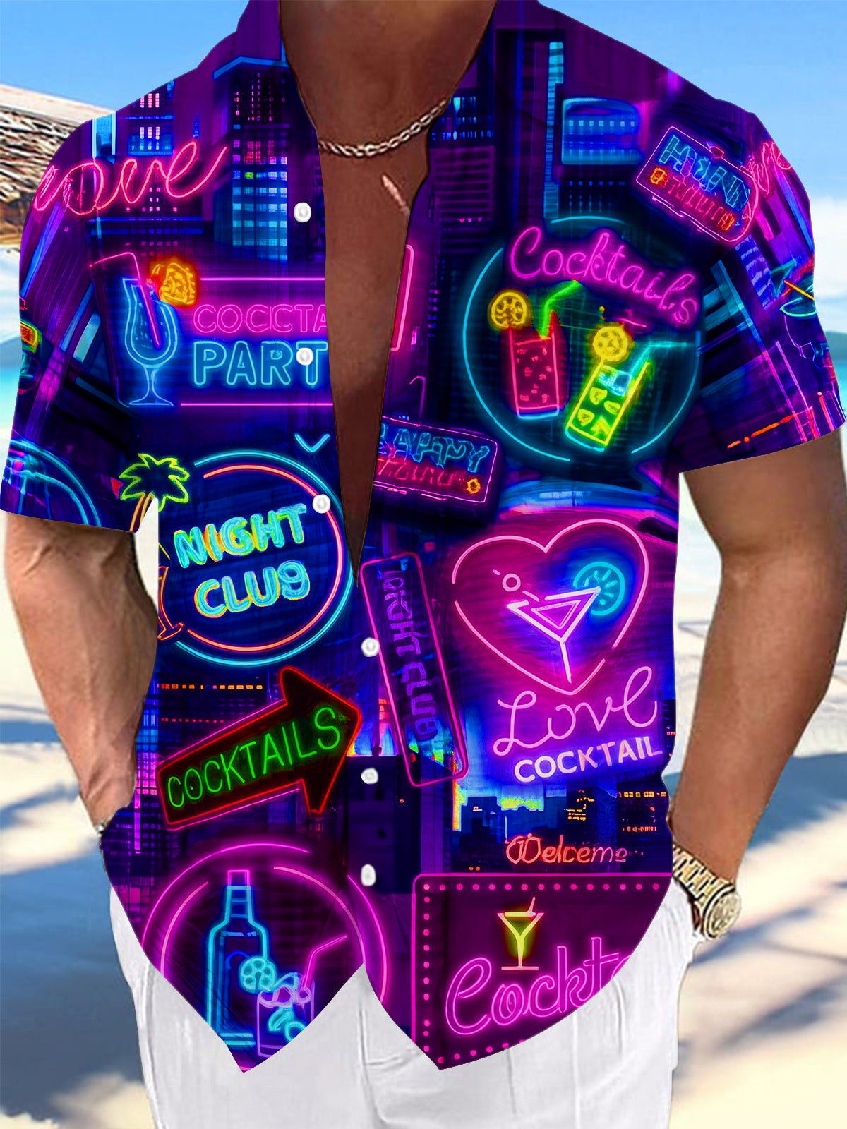 Neon Vibrant Colorful Cocktail Bar Party Night Scene Men's Pocket Short Sleeve Shirts