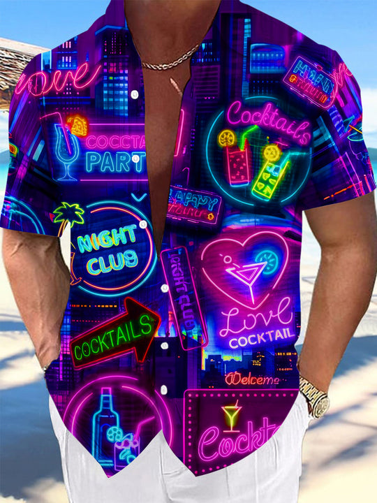 Neon Vibrant Colorful Cocktail Bar Party Night Scene Men's Pocket Short Sleeve Shirts
