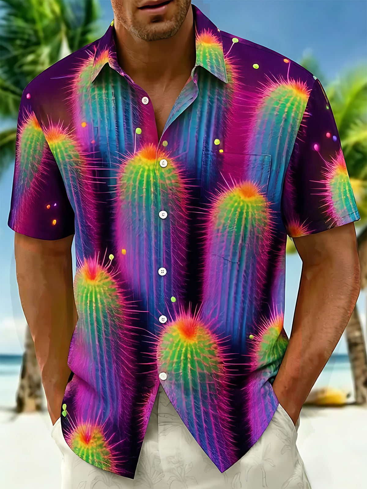 Fluorescent Colorful Gradient Cactus Men's Pocket Short Sleeve Shirts