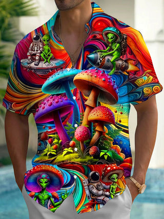 Adaychic Men's Graphic Psychedelic Mushroom Alien Print Short Sleeve Button Down Shirt with Chest Pocket