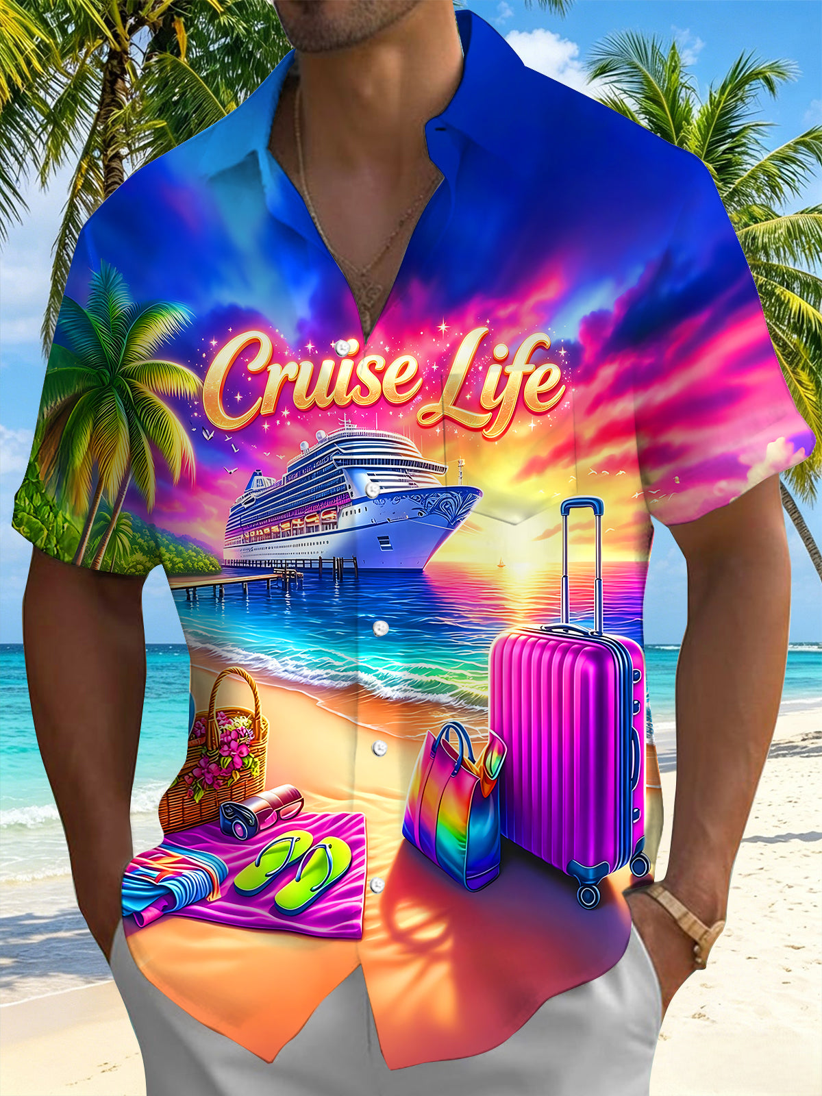Hawaiian Cruise Vacation Beach Scenery Men's Pocket Short Sleeve Shirts